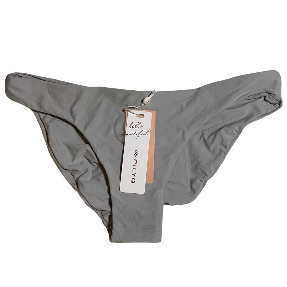 PilyQ Basic Ruched Full Back Coverage Bikini Bottom in Stone Gray Sz. S NWT